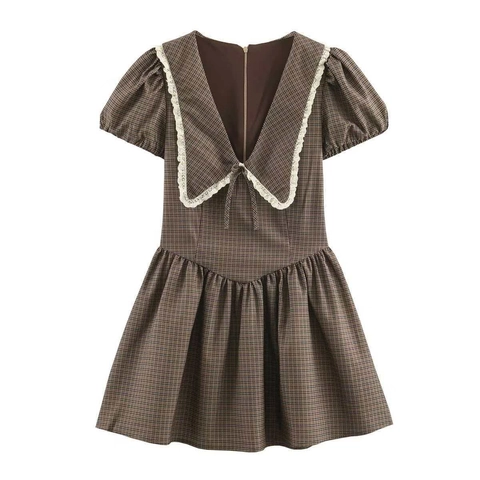 Damen Vintage Karomuster Spitze Großes Revers Kleid Sommer Puffärmel Schleife Retro Kaffee Plaid Midi Kleid