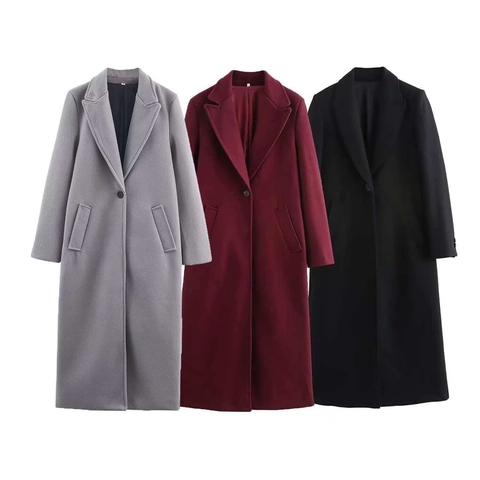 Damen Winter Langer Wollmantel Elegant Reverskragen Einreiher Tasche Langer Trenchcoat Formelle Büro Dame Jacke Oberbekleidung
