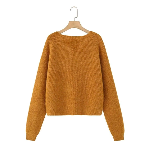 Otoño Elegante Suéter de Punto para Mujer Corte Ajustado Cuello Redondo Manga Larga Detalle de Nudo en la Espalda Pullover Naranja