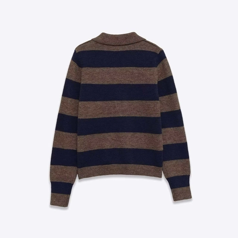 Women Retro Striped Knit Cardigan Polo Collar Long Sleeve Single Breasted Polyester Sweater Top Office Lady Casual Knitwear
