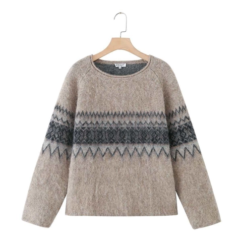 Suéter de Punto Jacquard Vintage para Mujer Cuello Redondo Manga Larga Pullover Holgado Imitación Cachemira Suave Cálido Top