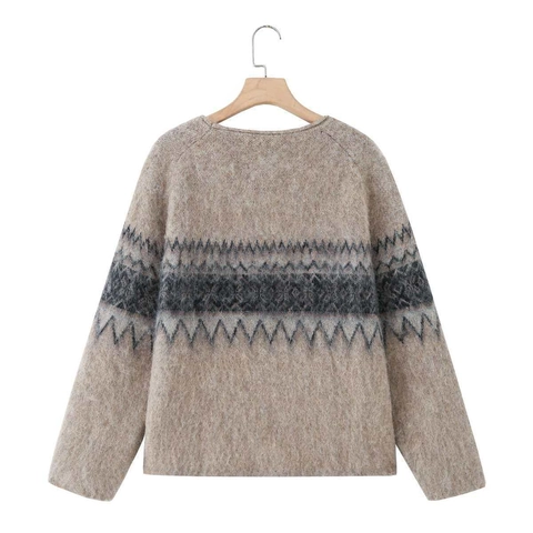 Suéter de Punto Jacquard Vintage para Mujer Cuello Redondo Manga Larga Pullover Holgado Imitación Cachemira Suave Cálido Top