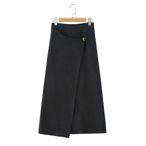 Women Elegant Knitted Midi Skirt High Waist Asymmetric Hem Wrap Skirt Solid Color Charcoal Polyester Autumn Bottoms