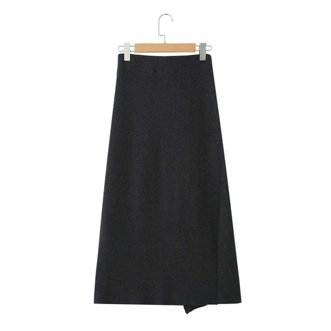 Women Elegant Knitted Midi Skirt High Waist Asymmetric Hem Wrap Skirt Solid Color Charcoal Polyester Autumn Bottoms