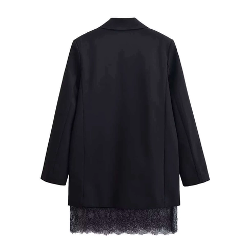 Women Elegant Black Lace Patchwork Blazer Dress Notched Lapel Long Sleeve Eyelash Lace Hem Solid Color Fashion Midi Dress