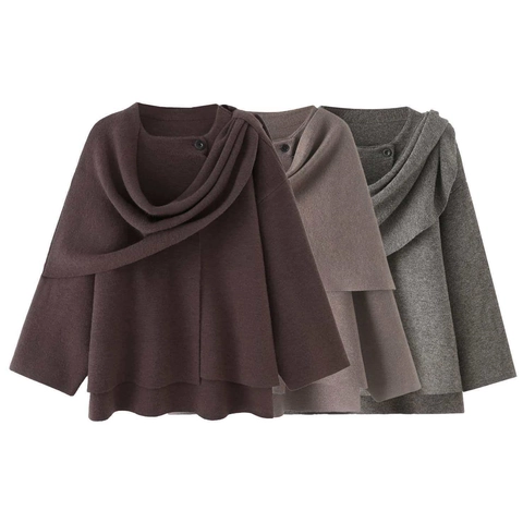 Elegante Maglione Poncho Asimmetrico in Cashmere di Pecora Donna Collo a Sciarpa Bottone Singolo Orlo a Strati Capispalla in Maglia