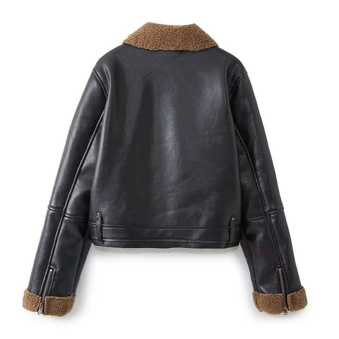 Chaqueta de Motociclista de Cuero Sintético para Mujer Invierno Cálido Patchwork Lana de Cordero Abrigo Cremallera Retro Streetwear