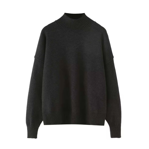 Women Loose Mock Neck Knit Sweater Soft Polyester Long Sleeve Drop Shoulder Ribbed Cuff Pullover Top Casual Elegant Winter