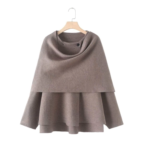 Elegante Maglione Poncho Asimmetrico in Cashmere di Pecora Donna Collo a Sciarpa Bottone Singolo Orlo a Strati Capispalla in Maglia