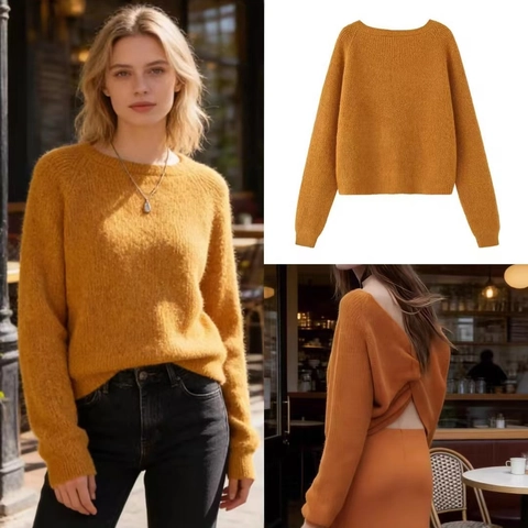 Otoño Elegante Suéter de Punto para Mujer Corte Ajustado Cuello Redondo Manga Larga Detalle de Nudo en la Espalda Pullover Naranja