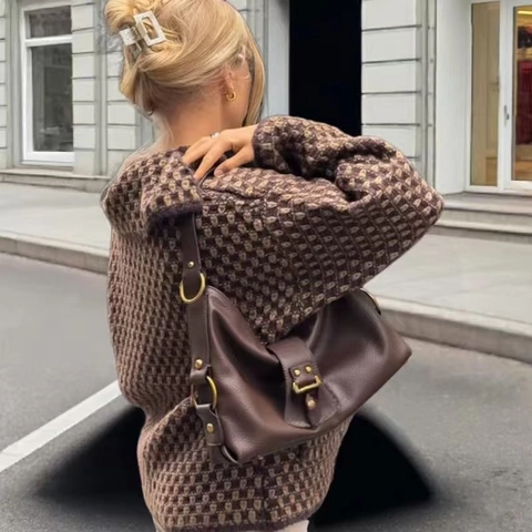 Dames Geruit Gebreid Vest Vintage Geometrische Patronen Revers Lange Mouw Button Up Losse Gebreide Trui Jas Outerwear