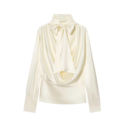Blusa Elegante de Satén para Mujer Manga Larga Cuello Alto Lazo Grande en la Espalda Top Pullover Color Sólido Blanco Crema Moda