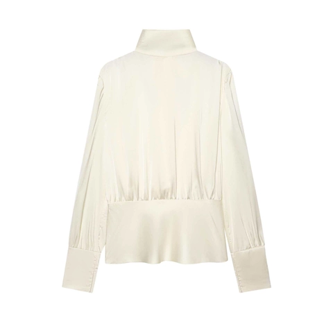 Blusa Elegante de Satén para Mujer Manga Larga Cuello Alto Lazo Grande en la Espalda Top Pullover Color Sólido Blanco Crema Moda