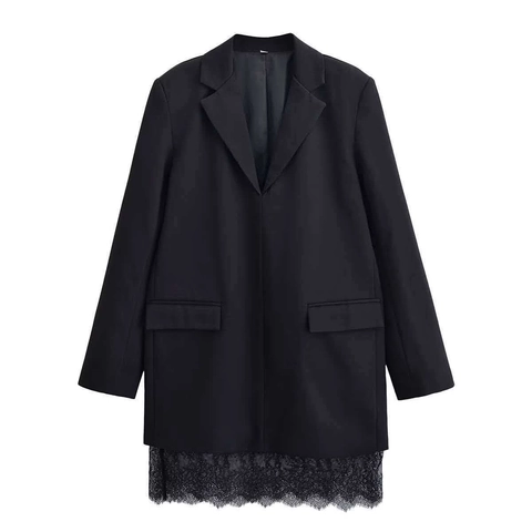 Women Elegant Black Lace Patchwork Blazer Dress Notched Lapel Long Sleeve Eyelash Lace Hem Solid Color Fashion Midi Dress