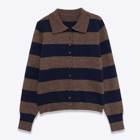 Pull Polo en Tricot Rayé Vintage à Manches Longues Boutonné Top Pullover Décontracté pour Femmes Jumper en Tricot Rétro Style Mode
