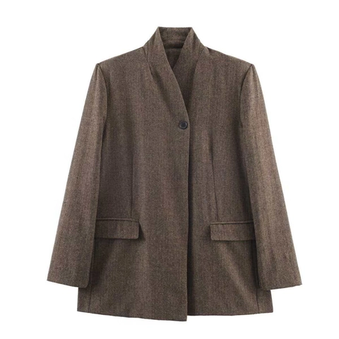 Dames Vintage Visgraat Blazer Opstaande Kraag Tweed Jas Retro Halflange Einknoops Pakmantel Lange Mouw Bovenkleding