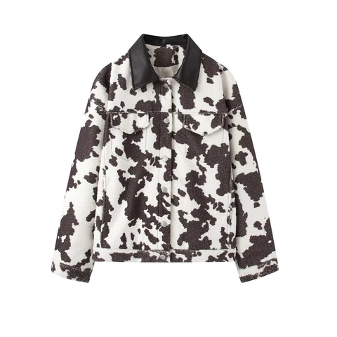 Western Dames Koeprint Franje Kwastje Jas Kunstleer Revers Patchwork Single Breasted Lange Mouw Casual Woon-werkverkeer Jas
