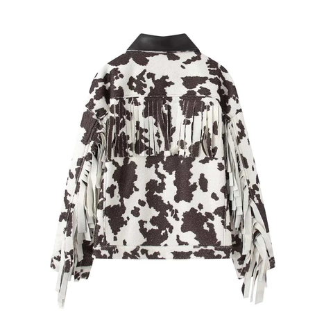 Western Dames Koeprint Franje Kwastje Jas Kunstleer Revers Patchwork Single Breasted Lange Mouw Casual Woon-werkverkeer Jas