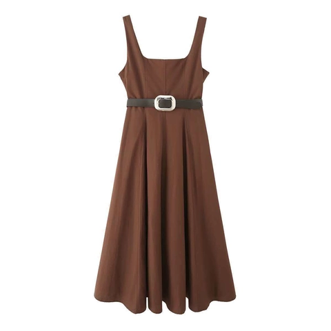 Women Vintage Square Neck A-Line Sleeveless Maxi Dress With Belt Elegant Solid Caramel Brown Polyester Summer Party Gown