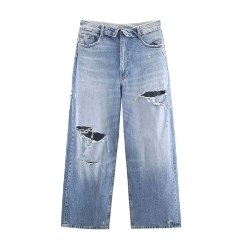 Damen High Waist Zerrissene Gerade Weites Bein Jeans Vintage Waschung Denim Hose Casual Commuter Streetwear Damen Hose