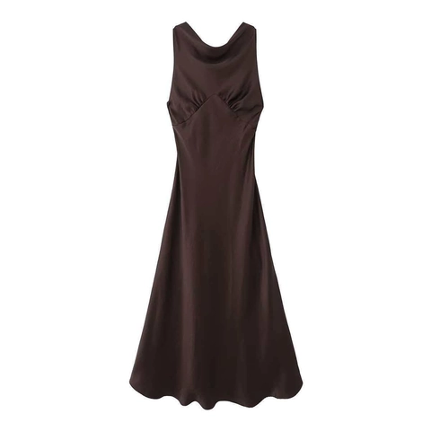Women's Elegant Satin Cowl Neck Sleeveless Midi Dress Slim Fit Pleated Solid Color Backless Party Evening Gown
