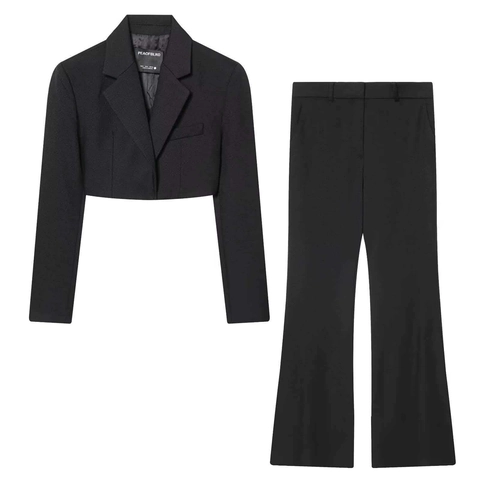 Women Vintage Cropped Blazer And Flared Pants Outfit Black Polyester Notched Lapel Long Sleeve Two Piece Commute Suit