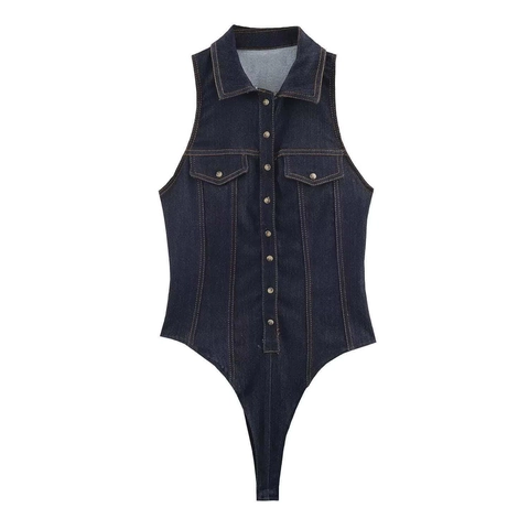 Dames Mouwloze Denim Look Polyester Bodysuit Reverskraag Knoop Hoge Taille Contraststiksels Slanke Pasvorm Jumpsuit