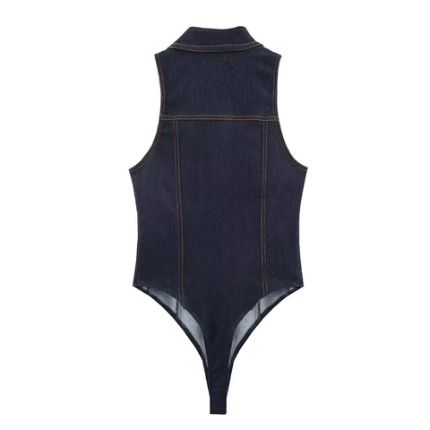 Dames Mouwloze Denim Look Polyester Bodysuit Reverskraag Knoop Hoge Taille Contraststiksels Slanke Pasvorm Jumpsuit