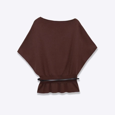 Women Casual Off-Shoulder Knit Top With Belt Peplum Hem Batwing Sleeve Solid Color Elegant Commuting Knitwear Sweater