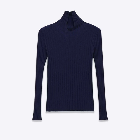 Damen Stehkragen Gerippter Strickpullover Schlanke Passform Langarm Pullover Marineblau Einfarbig Lässiges Polyester Top