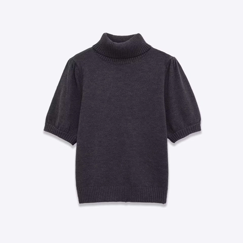 Women Elegant High Neck Short Sleeve Knit Top With Puff Sleeve Slim Fit Dark Gray Ribbed Polyester Sweater For Work