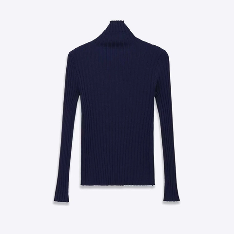 Damen Stehkragen Gerippter Strickpullover Schlanke Passform Langarm Pullover Marineblau Einfarbig Lässiges Polyester Top