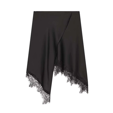 Elegante Gonna a Tubino in Raso Nero Asimmetrica Con Bordo in Pizzo a Ciglia Vita Alta Design a Portafoglio Donna Moda Estate