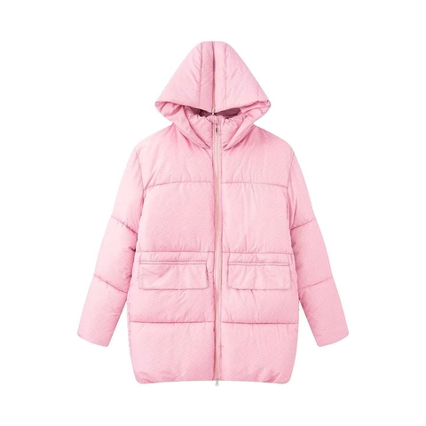 Women Hooded Padded Jacket Floral Fruit Heart Print Quilted Mid Length Warm Winter Coat Casual Loose Outwear For Ladies