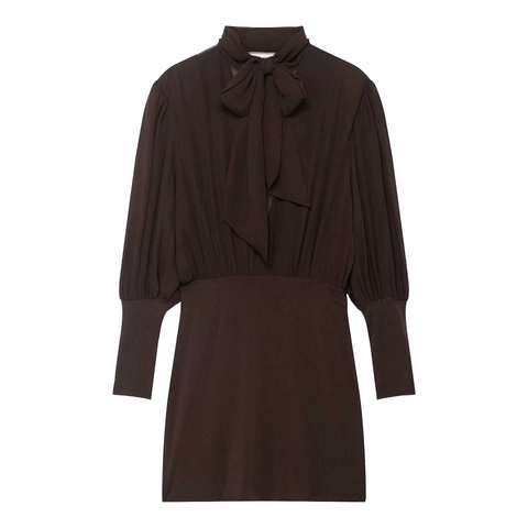 Dames Elegante Donkerbruine Jurk Lange Mouwen Strik Opstaande Kraag Geplooid Open Rug Slim Mini Jurk Voor Casual Kantoor Feest