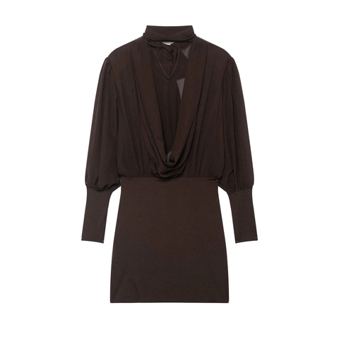 Dames Elegante Donkerbruine Jurk Lange Mouwen Strik Opstaande Kraag Geplooid Open Rug Slim Mini Jurk Voor Casual Kantoor Feest