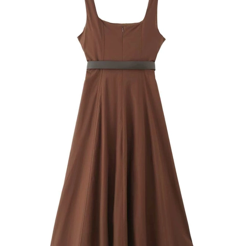 Women Vintage Square Neck A-Line Sleeveless Maxi Dress With Belt Elegant Solid Caramel Brown Polyester Summer Party Gown