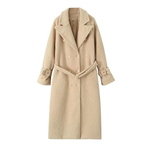 Women's Elegant Milk Apricot Faux Fur Long Coat Double Breasted Lapel Teddy Fleece Jacket With Belt Warm Winter Outerwear