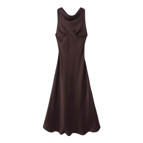 Women's Elegant Satin Cowl Neck Sleeveless Midi Dress Slim Fit Pleated Solid Color Backless Party Evening Gown