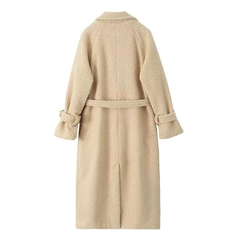 Women's Elegant Milk Apricot Faux Fur Long Coat Double Breasted Lapel Teddy Fleece Jacket With Belt Warm Winter Outerwear