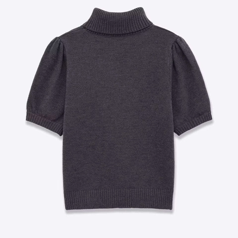 Women Elegant High Neck Short Sleeve Knit Top With Puff Sleeve Slim Fit Dark Gray Ribbed Polyester Sweater For Work