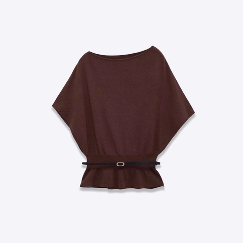 Women Casual Off-Shoulder Knit Top With Belt Peplum Hem Batwing Sleeve Solid Color Elegant Commuting Knitwear Sweater