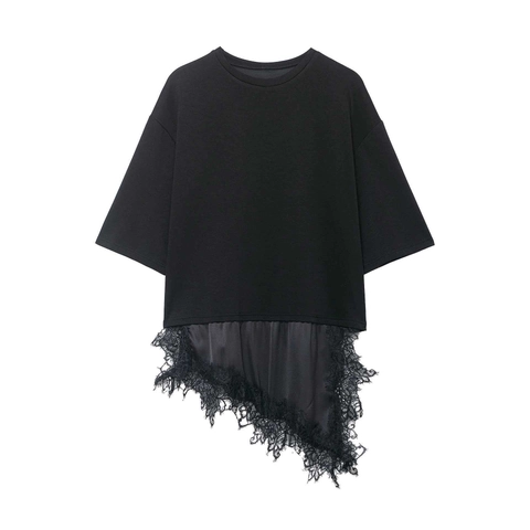 Maglietta da Donna Casual a Maniche Corte Con Patchwork in Raso Asimmetrico Orlo in Pizzo a Ciglia Girocollo Stile Urbano