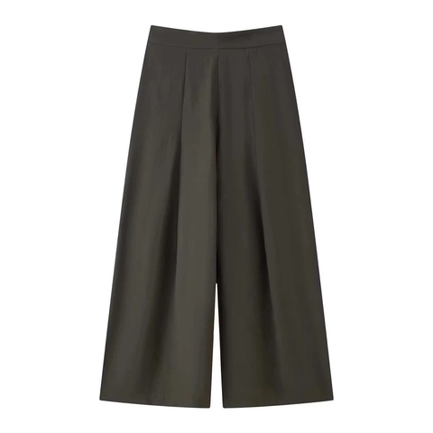 Pantaloni a Vita Alta da Donna a Gamba Larga Culottes Anteriori Plissettati Tinta Unita Gessati Moda Ufficio Pendolare Casual