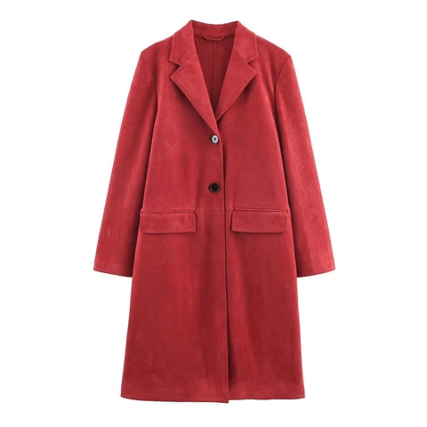 Trench Lungo Casual da Donna in Similcamoscio Collo a Giacca Monopetto Tinta Unita Con Tasche Soprabito Retro