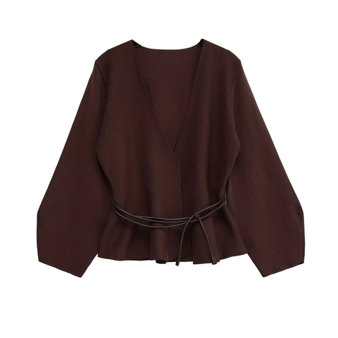 Women Fashion V-Neck Long Sleeve Knit Sweater Elegant Dark Brown Waist Tie Wrap Cardigan Top For Office Daily Casual