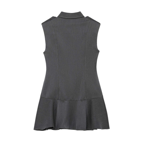 Dames Casual Mouwloze Midi Jurk Met Dubbele Knoppen Retro Militaire Stijl Revers Roffelzoom Effen Kleur Forens Jurk