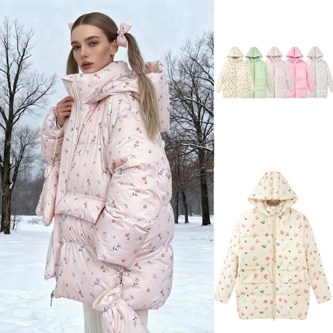 Women Hooded Padded Jacket Floral Fruit Heart Print Quilted Mid Length Warm Winter Coat Casual Loose Outwear For Ladies