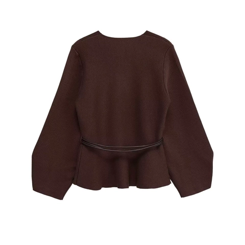 Women Fashion V-Neck Long Sleeve Knit Sweater Elegant Dark Brown Waist Tie Wrap Cardigan Top For Office Daily Casual