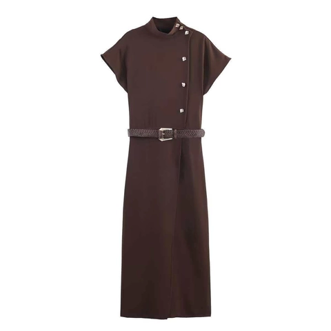 Damen Vintage Stehkragen Ärmelloses Maxikleid Mit Gürtel Dunkelkaffee Elegant Büro Pendler Langes Kleid Schlitz Knopf